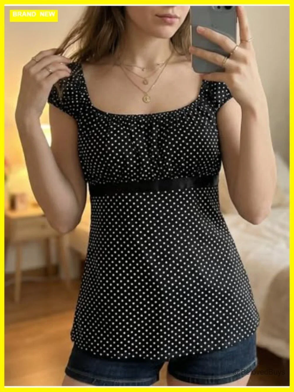 Women Y2K Fairy Grunge Babydoll Top Cap Sleeve Polka Dot Tie Back Flowy